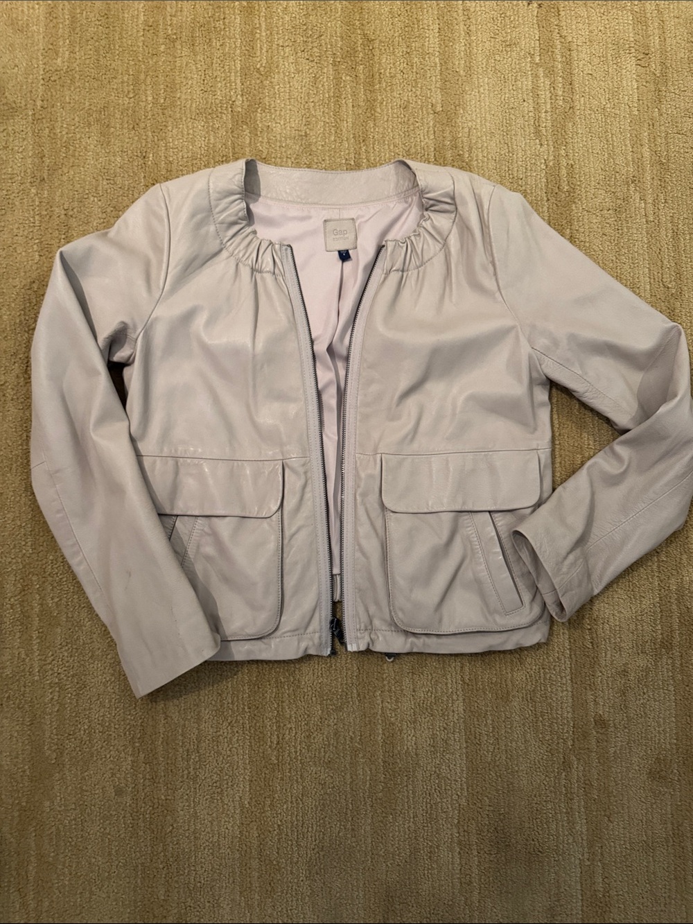 GAP Light Gray/Cream Women's Leather Zip Jacket